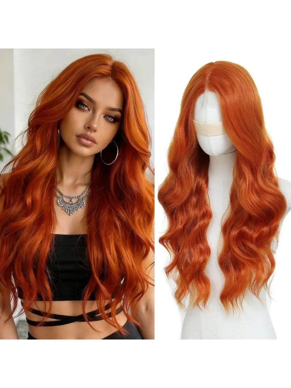 Long Wavy Orange Wig for Women - 26 Inch Ginger Lace Front Heat Resistant